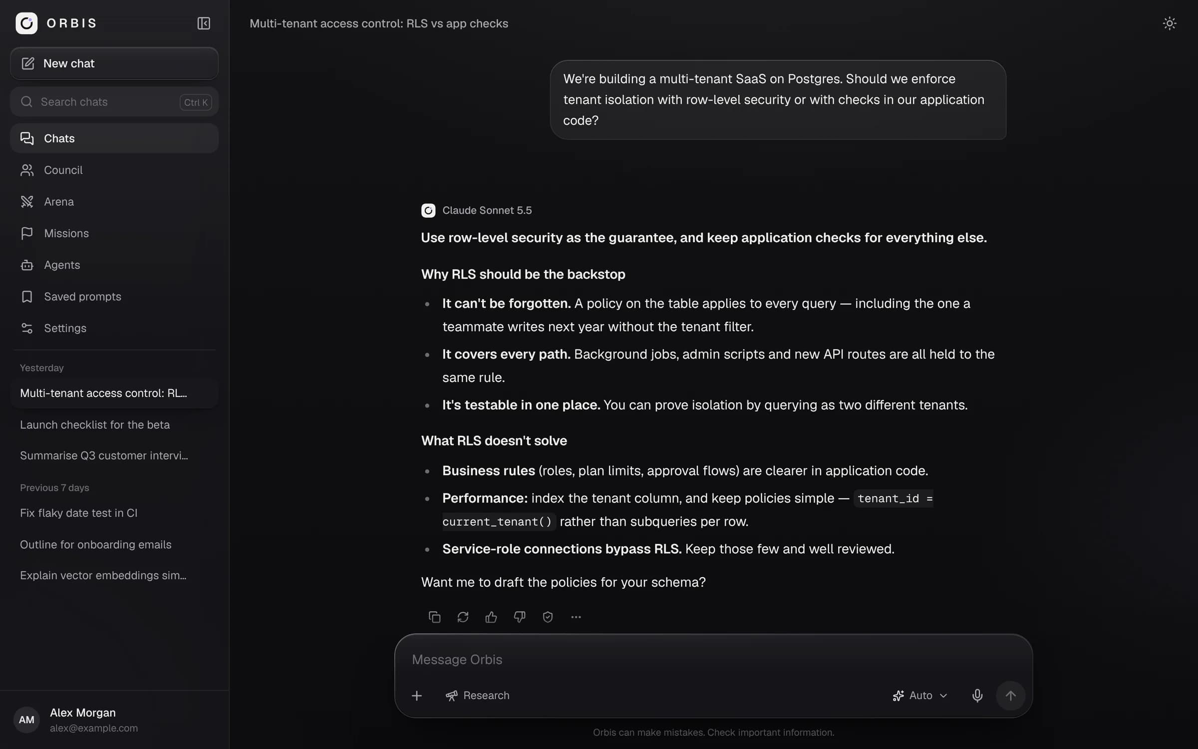 Orbis's chat studio: a question about multi-tenant database security answered by Claude Sonnet 5.5, with the reply's model name shown above it and saved conversations listed in the sidebar.